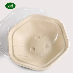 VVG to go contenitore per insalata esagonale eco friendly custom 1600/1300/1000/750ml usa e getta carta per la canna da zucchero insalatiera con coperchio