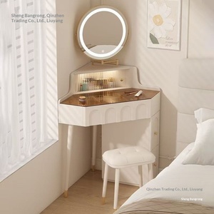 Solid Wood Panel Cream Wind Design <strong>Small</strong> Apartment <strong>Corner</strong> Dresser Bedroom Makeup <strong>Table</strong> Mirror Integrated Bedside <strong>Table</strong> Made - Product Image 4