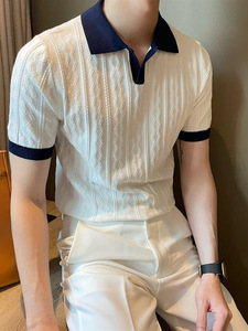 เสื้อโปโลผู้ชายผ้าฝ้ายคอวีทรงเข้ารูป แขนสั้น ทอลายแจ็คการ์ด ยืดหยุ่น ระบายอากาศได้ดี ดีไซน์ทันสมัย - Product Image 2