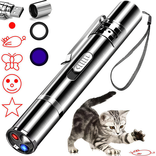 USB Rechargeable Eco-Friendly Stainless Steel Cat Laser Toy Teaser Pen Multi-Function LED Interactive Laser Pointer for Exercise