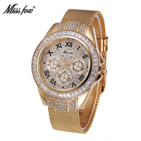 Montre pour femme en cuivre doré rond avec bande de zircone sertie de diamants