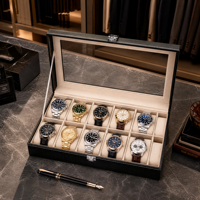 Boîte de présentation de montres de luxe personnalisée en cuir PU noir avec fenêtre en verre véritable, couture à la main de précision, velours beige, 10 emplacements