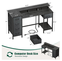 Bureau à domicile moderne avec 5 tiroirs de rangement en tissu Lumières LED Prises de courant Support de moniteur Table d'ordinateur Étagère réversible