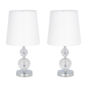 Round Table <b>Lamp</b> Set Faceted Crystal Orbs Linen Shade For Bedroom Living Room Bedside Styling - Product Image 1