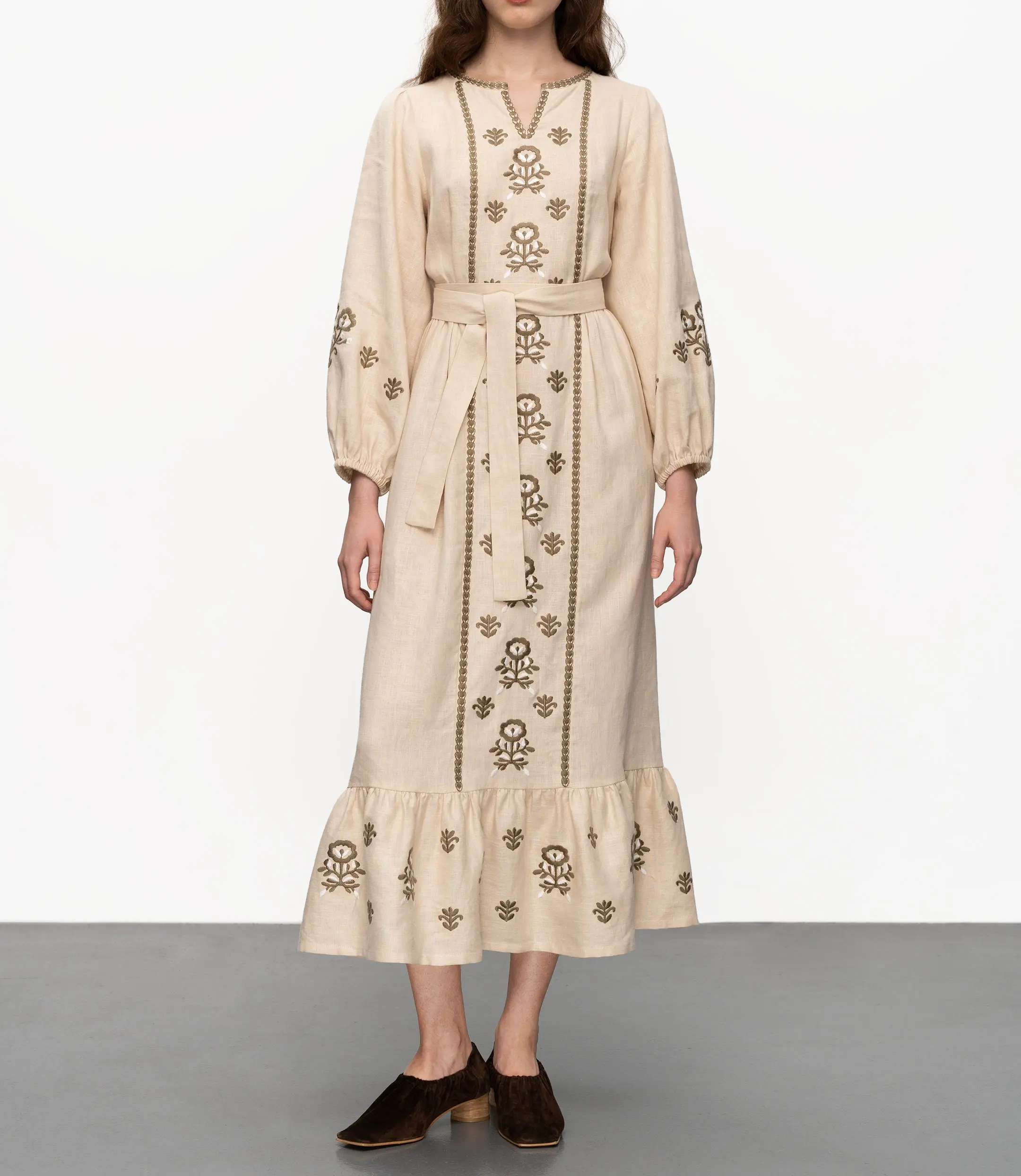 Hot Sell Lady's Embroidered Linen Cotton Casual Ruffle Hem Long Women Maxi Dress