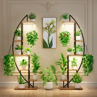 Support à plantes créatif à 6 niveaux en forme de feuille avec lumières LED, étagère en bois à structure métallique, support à fleurs suspendu autoportant