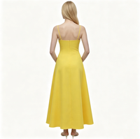Robe mi-longue jaune pour femme, bretelles spaghetti, col carré, silhouette évasée, élégante robe de soirée d'été, tissu extensible