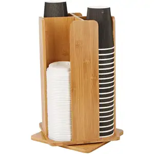 Coffee Cup and Lid Organizer Carousel 4 Compartment Bamboo 4-Cup Paper Holder