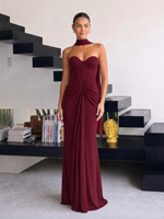 Robe longue de soirée formelle pour femme, sexy, ajustée, sans bretelles, avec lacets et plis, avec écharpe, pour mariage, bal de promo, été, modèle SB3963