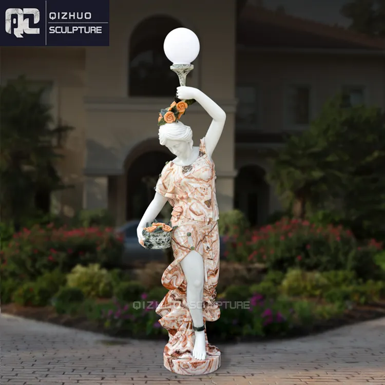 Life Size Famous Design Garden Outdoor Custom Hand Carved Mixed Red Color Stone Statue Marble Sculpture With Lamp