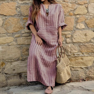 Robe longue en coton et lin pour femmes, grande taille, tendance, avec poches, rayée, coupe ample en forme de H, nouvelle arrivée été-printemps - Product Image 2