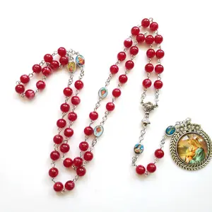 Kalung Agama DIY Kaca Merah Mutiara Tasbih Rosario, Kalung dengan Liontin Kacamata Oval Foto