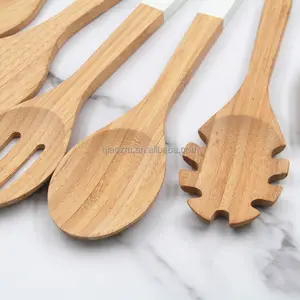 Natural Bamboo Kitchen Utensil Set With White Painting Handle