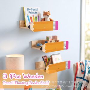 Wooden <b>Wall</b>-Mounted Shelf Pencil-Shaped <b>Hanging</b> <b>Storage</b> Rack Solid Wood Bookshelf For Kids Room Decor - Product Image 4