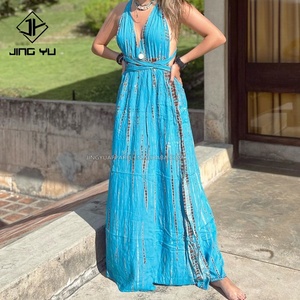 Robe longue d'été en lin et rayonne pour femme, col en V, ouverte sur le devant, avec boucle et volants, style batiste, pour la plage - Product Image 3