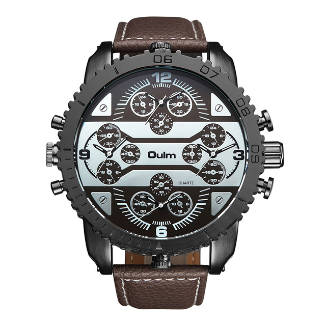 Quartz Smart Watch Oulm 3233 Top Luxury Brand 4 Time Zone Large Dial Leather Strap Designer Wrist Watches Price for Men