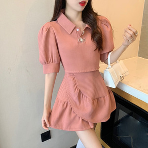White Two Piece Set High Waist Polo Neck Ruffles A Line Skirt Casual Dress Women Daily Wear Solid Color Polyester - Product Image 2