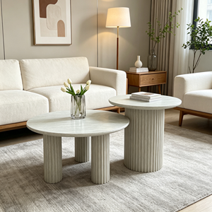 Ensemble de tables basses gigognes rondes à colonnes cannelées minimalistes, plateau texture pierre, luxe léger, pour salon et hôtel - Product Image 2