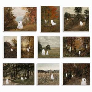 Set di 10 Quadri Vintage di Fantasmi di Halloween, Dipinti a Olio di Paesaggi Retrò, Stampe su Tela Incorniciata, Decorazioni Rustiche per le Festività - Product Image 2