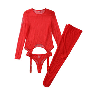 Pakaian Dalam Kerajinan Jahit Jaring Transparan Lembut Berlubang Lengan Panjang 3 Potong Setelan Lingerie - Product Image 6