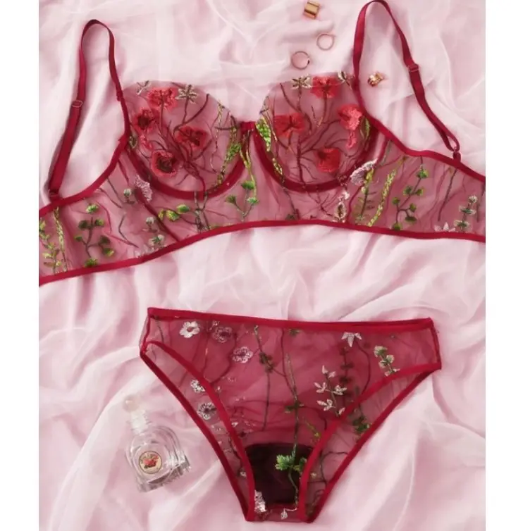 Sfy1661 vendita calda 2 pezzi set lingerie sexy reggiseno a fiori in maglia da donna lingerie sexy per donna