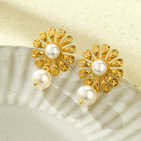 Boucles d'oreilles pendantes en forme de tournesol avec imitation perle, plaquées or, en acier inoxydable, style floral vintage, bijoux élégants pour femmes