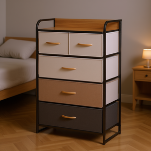 Cassettiera a 5 cassetti in legno d'acero con struttura in acciaio, organizer moderno per camera da letto - Product Image 2