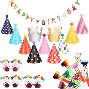 Birthday Party Hats Set Happy Birthday Banne Glasses Whistles Adorable Party Cone Hats for Birthday Party Decor