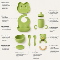 Ensemble de vaisselle pour bébé grenouille vert clair en silicone avec bavoir, bol, tasse, cuillère, fourchette et anneau de dentition