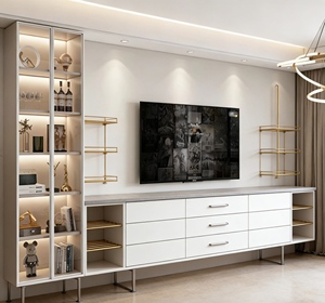 Meuble TV intégré minimaliste moderne - Meuble de salon élégant avec éclairage LED et rangement avec porte en verre - Product Image 6