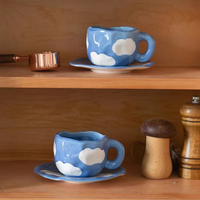 Tasse à café en céramique avec poignée, motif ciel bleu nuages blancs, style danois, avec soucoupe et cuillère, motif floral, pour la rentrée scolaire, écologique
