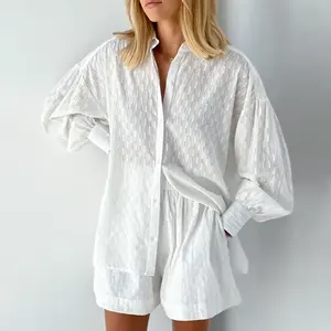 Новое поступление, элегантная жаккардовая белая рубашка с пышными рукавами, женская одежда, шорты, комплект из 2 предметов для женщин