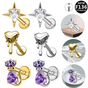<b>Titanium</b> Heart Cat Purple Zirconia Ear <b>Studs</b> For Cartilage Piercing Jewelry Unisex Fashionable Simple Design - Product Image 1