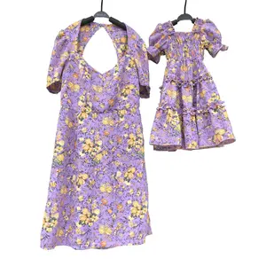 Personalizado elegante gasa estampado floral verano bebé niña bata Vestido de manga corta con volantes dulce vestido bohemio