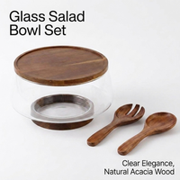 Ensemble de saladiers en verre best-seller transfrontalier avec couvercle en bois d'acacia – Vaisselle pour restaurant et usage domestique, bol de conservation des aliments frais