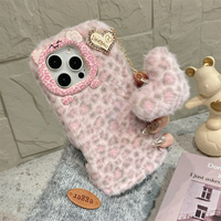 Coque de téléphone Kawaii élégante en peluche imprimé léopard avec oreilles de chat pour iPhone 18 17 Pro Max 16 15 14 13, avec pendentif cœur pompon, protection intégrale