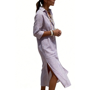 Vestido Camisero a Rayas con Botones para Mujer - Vestido Camisero Midi Casual de Verano con Cinturón y Abertura Lateral - Product Image 2