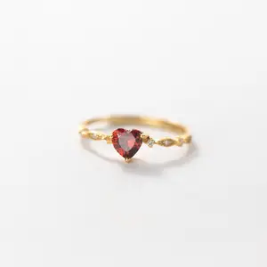 fashion jewelry 925 sterling silver thin rings love heart diamond red zircon adjustable gold plated rings women Valentine's Day