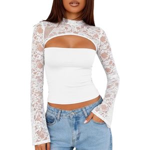 <b>Lace</b> Long Sleeve Crop Top High Neck Cutout Bodycon Women's Party Outfit <b>White</b> - Product Image 1