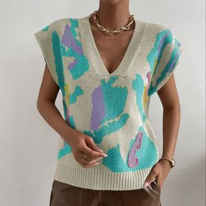 En vente femme vêtements couleur bloc col en V sans manches pull gilet respirant été mince femmes hauts - Product Image 2