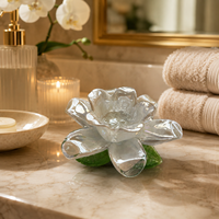Porte-bougie en verre transparent Lotus, porte-bougie artisanal en forme de fleur avec feuilles vertes pour la décoration de table à la maison