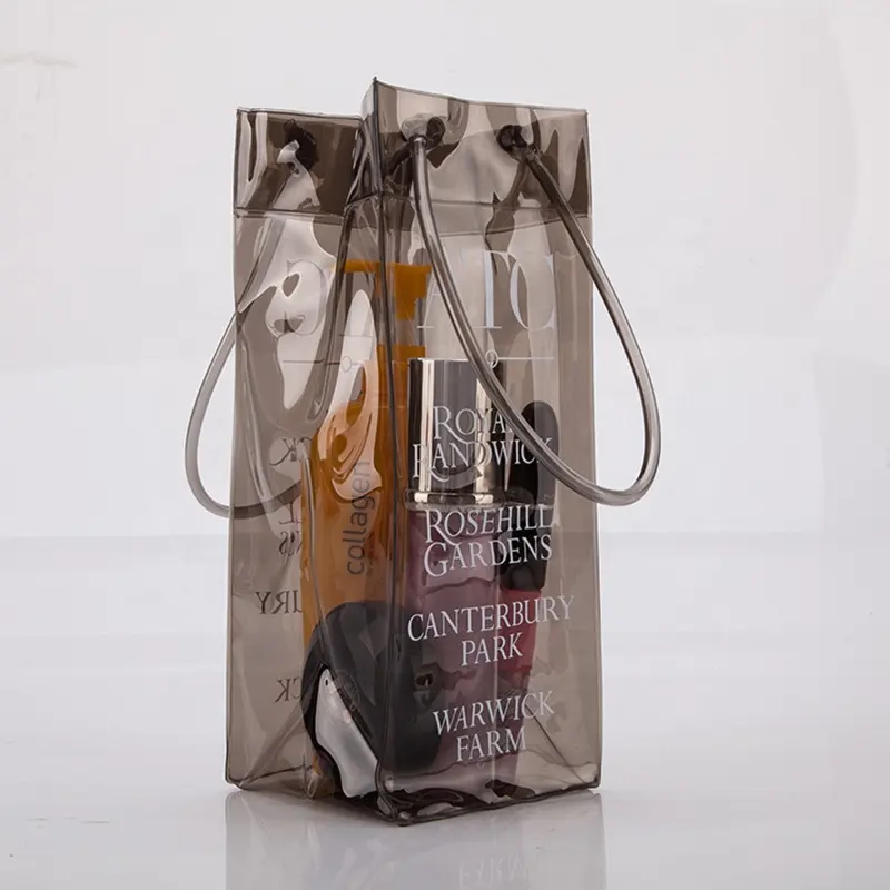 사용자 정의 브랜드 로고 도매 인쇄 병 샴페인 가방 쿨러 클리어 블랙 플라스틱 PVC 아이스 가방 와인