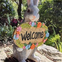 Figur Resin Kelinci Buatan Tangan Ramah Lingkungan dengan Tanda Bunga Selamat Datang untuk Dekorasi Taman Luar Ruangan - Tema Hari April Mop