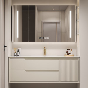 Modern Cream White Floating Bathroom Vanity Solid Wood Cabinet with Smart LED <b>Mirror</b> Integrated Sink - Product Image 1