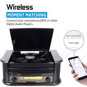 Retro Bằng Gỗ Vinyl Ghi Máy Nghe Nhạc <span class=keywords><strong>CD</strong></span> <span class=keywords><strong>Cassette</strong></span> USB Màu Xanh Răng Chơi AM FM Đài Phát Thanh Máy Quay Đĩa Bàn Quay Với Loa - Product Image 3