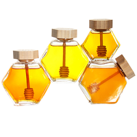 신상품 220ml/380ml 유리 꿀병 육각형 빈병 나무 뚜껑과 유리 꿀 젓는 막대 포함