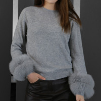 Pulls en laine unie légers Tyan en promotion pour femme, col rond, tricotés, avec poignets en vraie fourrure de renard