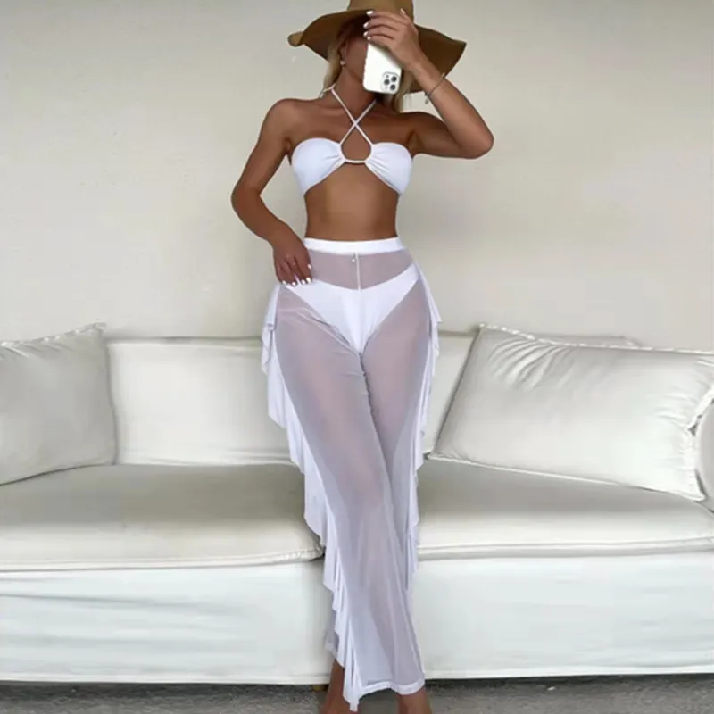2022 Custom Sexy Transparent Mesh Wide Leg Ruffle Trousers 3 Piece Bikini Set Beachwear Bandeau Swimsuit Women Cover Up Swimwear