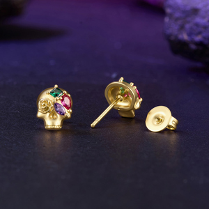 Boucles d'oreilles en forme de crâne doré avec cristaux colorés, style punk, pour fête, bijoux unisexes - Product Image 3