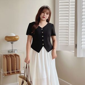 Cárdigan Corto con Cuello en V para Mujer, Modelo N8728 de Runqi, Color Negro, Asimétrico, de Poliéster, Talla Grande, Corte Ajustado - Product Image 1